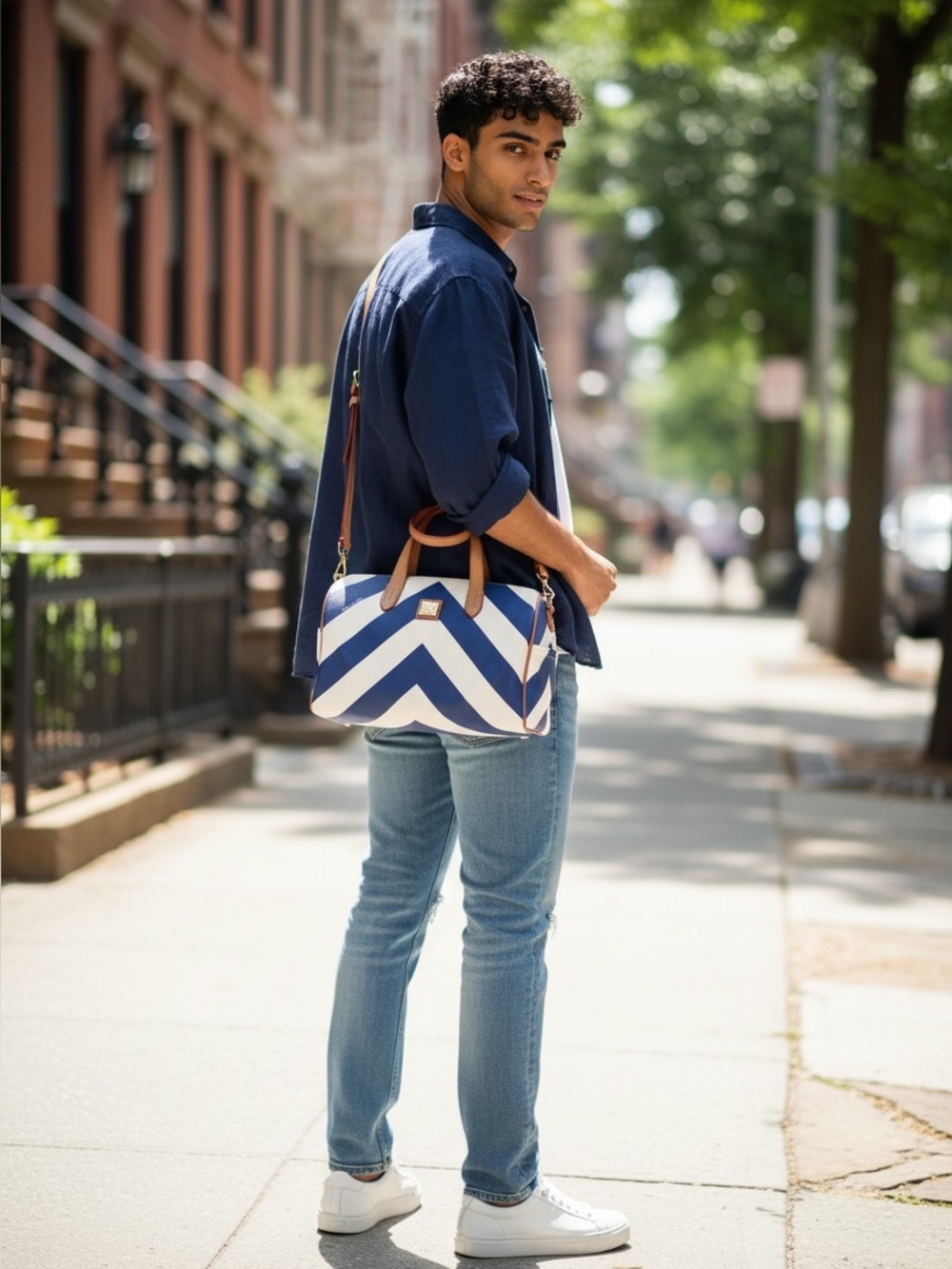 Dooney & Bourke Blue and White Chevron Duffel with Brown Leather Trim